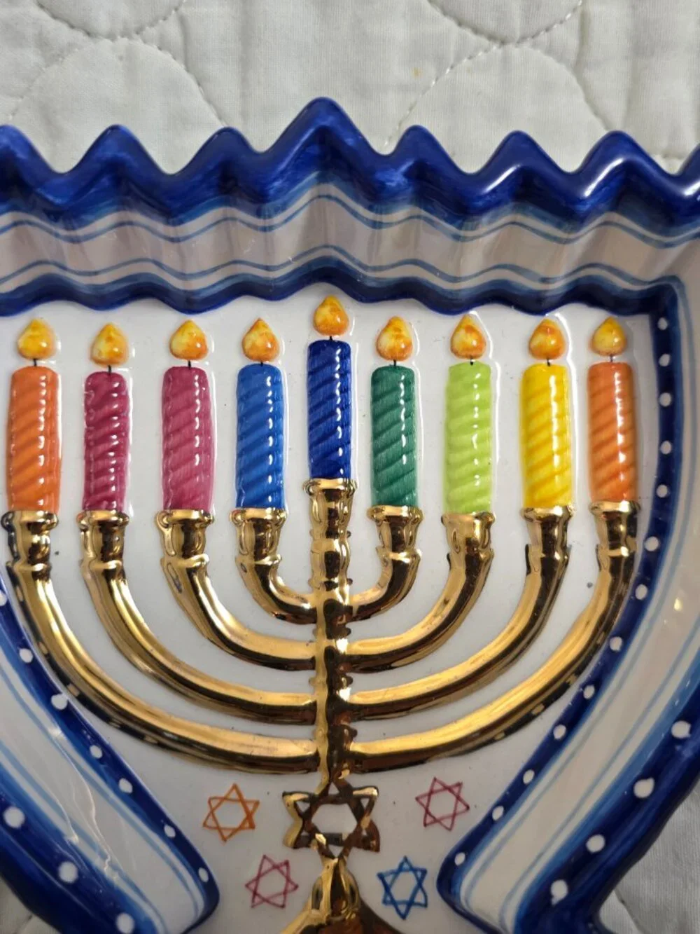 Menorah Shaped Candy Bowl Susan Fischer Weis Design Rainbow Design Ceramic Dish.
